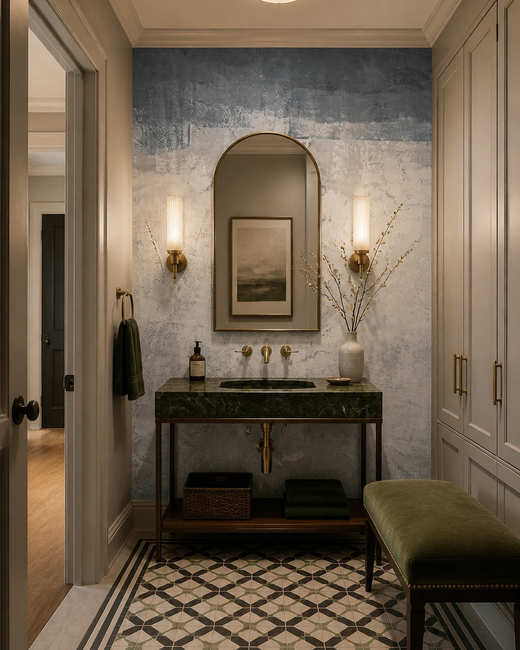 Blue and grey concrete wallpaper in an elegant powder room.