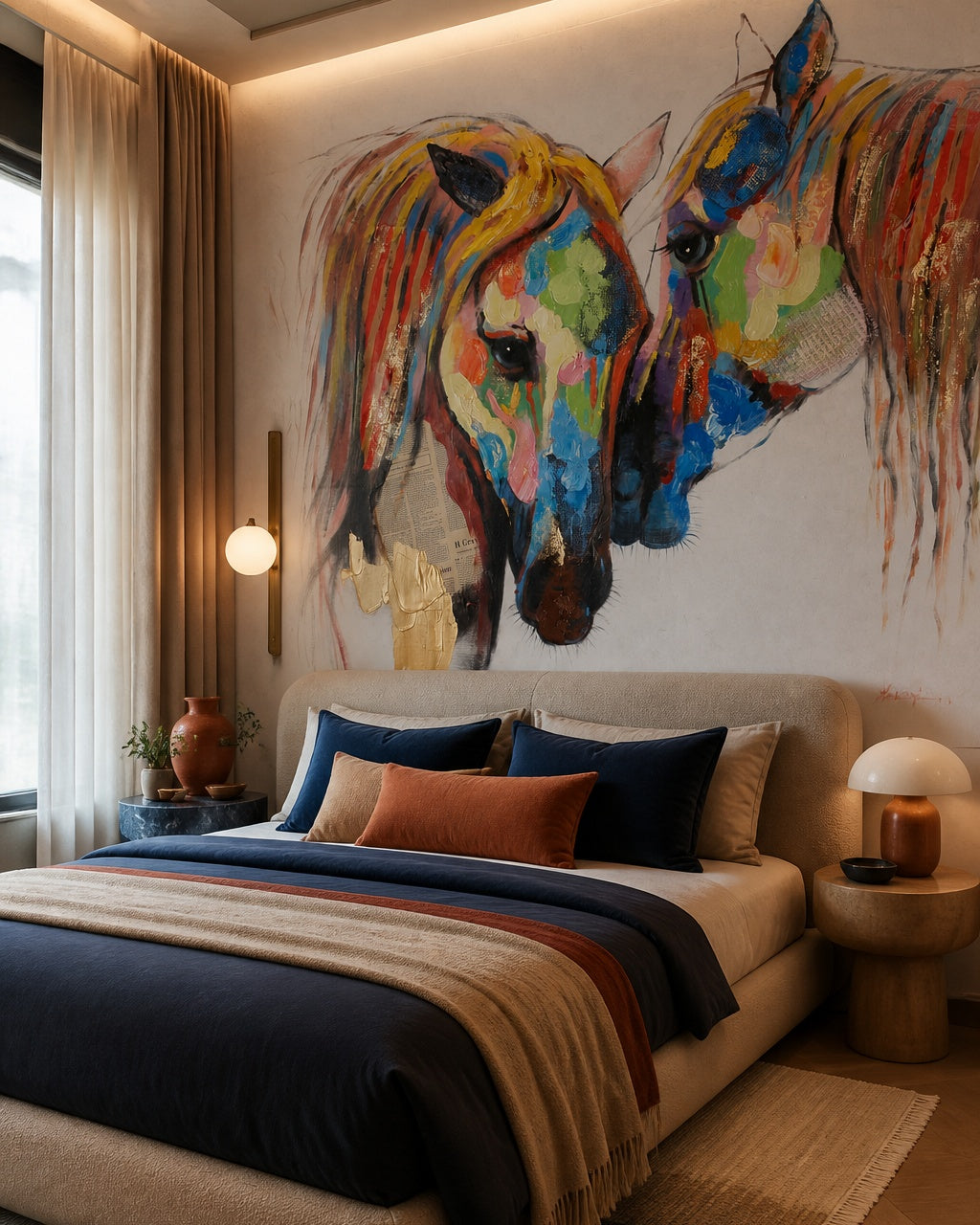Rainbow horses wallpaper in a designer bedroom.