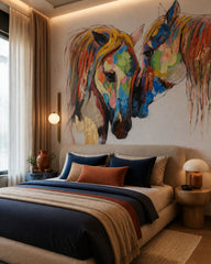 Rainbow horses wallpaper in a designer bedroom.