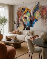 Rainbow horses wallpaper in a designer living room.