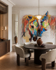 Rainbow horses wallpaper in a refined dining area.