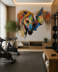 Rainbow horses wallpaper in a fitness studio.
