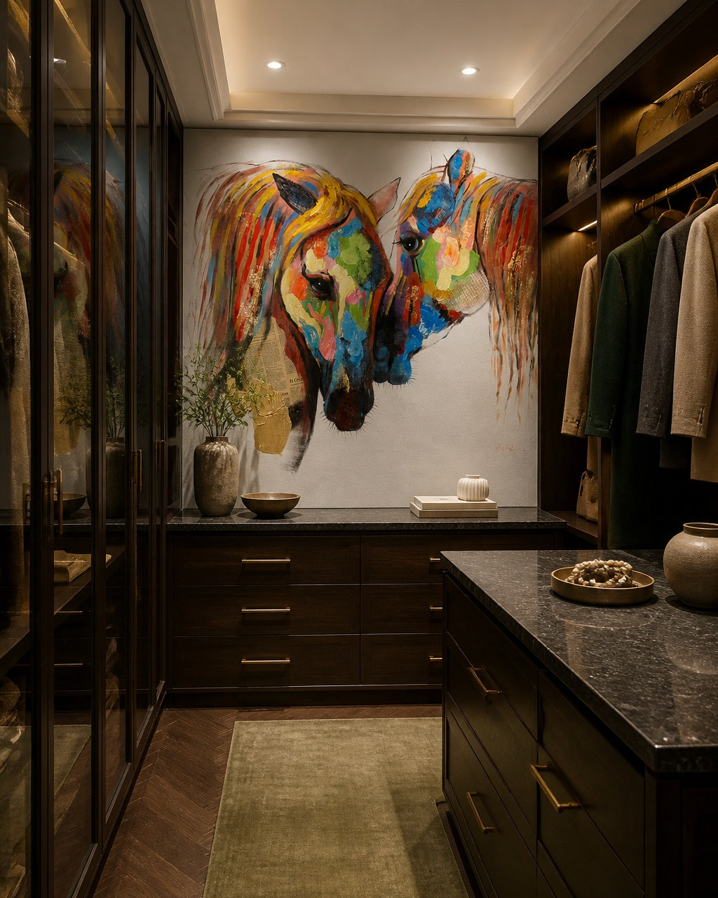 Rainbow horses wallpaper in a walk-in wardrobe.