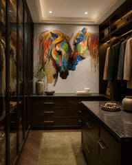 Rainbow horses wallpaper in a walk-in wardrobe.