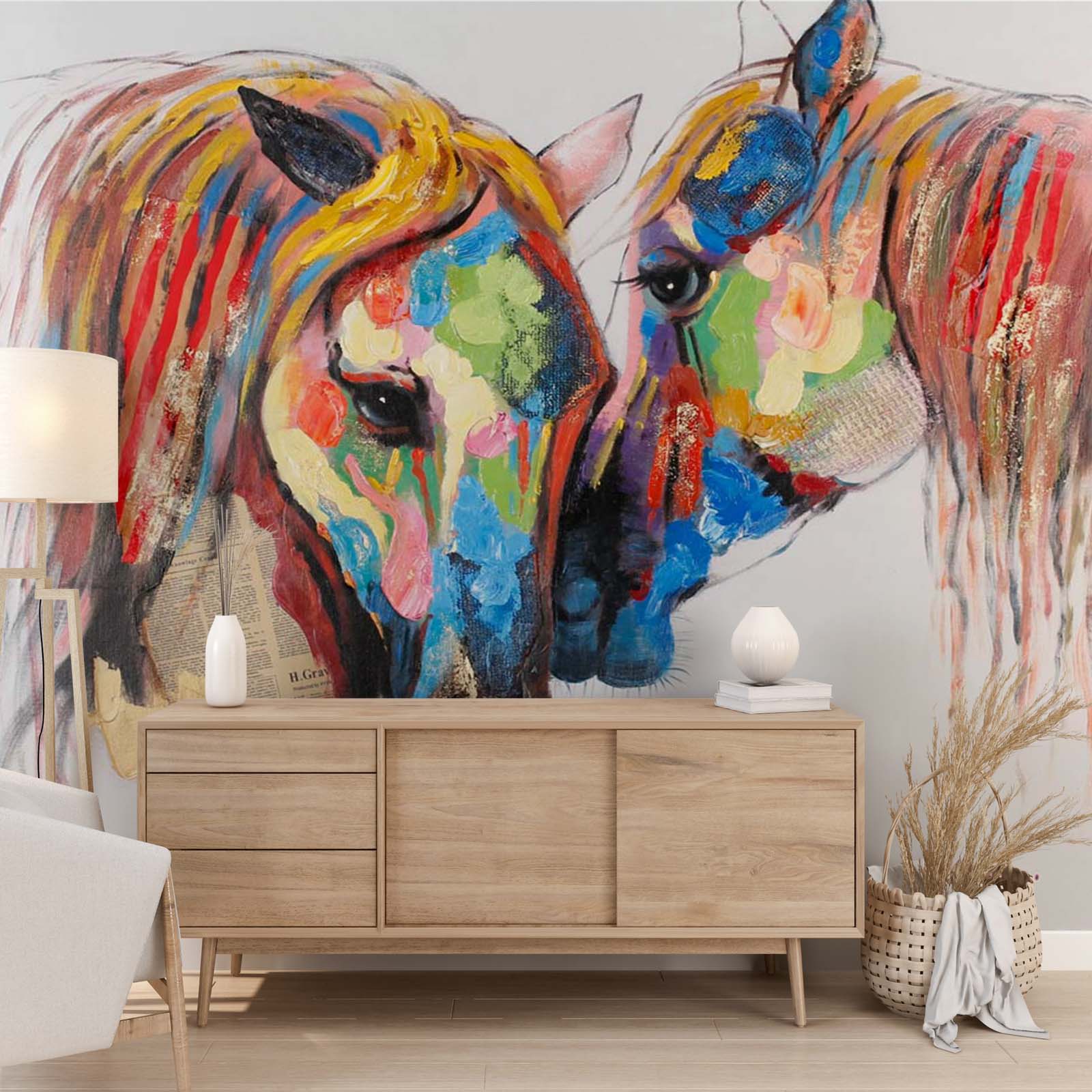 Colorful Horses Wall Mural Oil Painting Texture Rainbow Horses Wallpaper