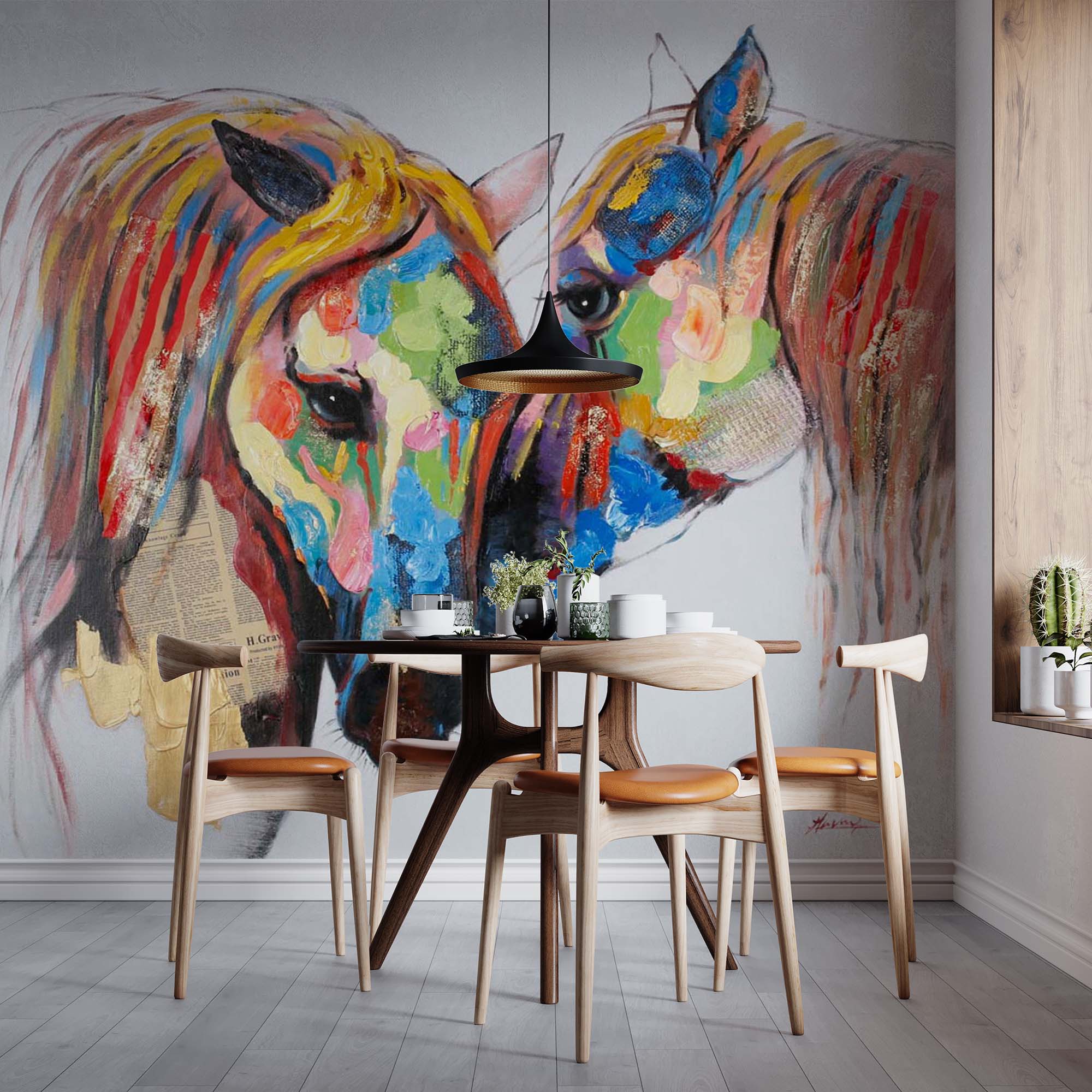 Colorful Horses Wall Mural Oil Painting Texture Rainbow Horses Wallpaper