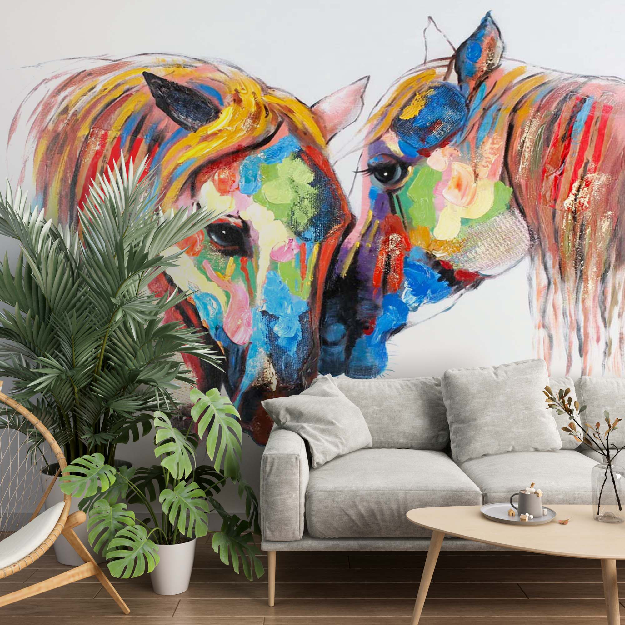 Colorful Horses Wall Mural Oil Painting Texture Rainbow Horses Wallpaper