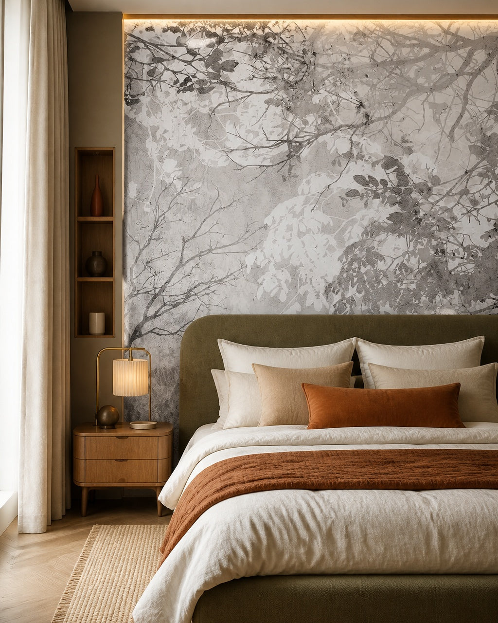 Grey leaves and branches wallpaper in a designer bedroom.