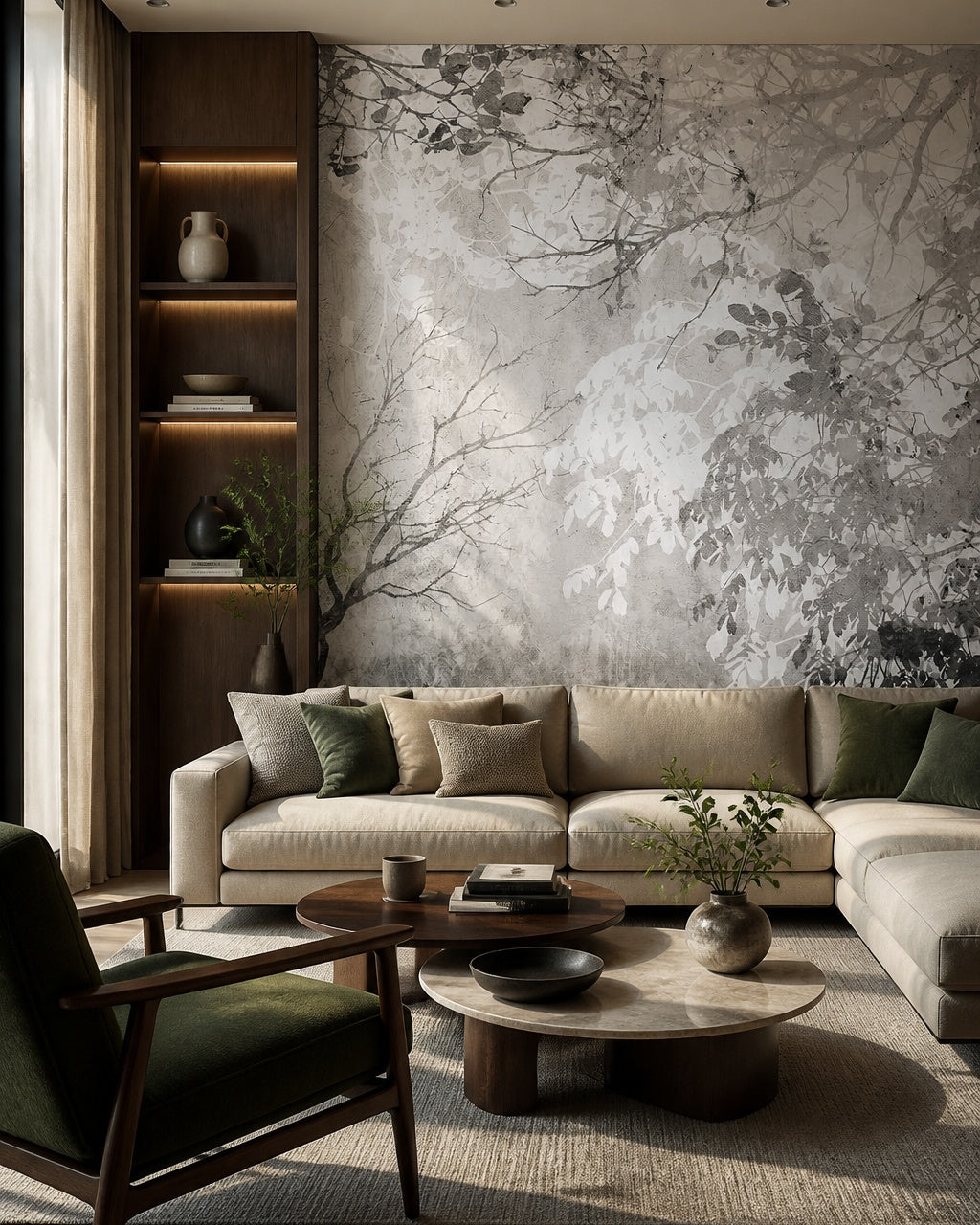 Grey leaves and branches wallpaper in a designer living room.