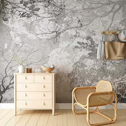 Vintage Grayscale Leaf and Branch Wall Mural Wallpaper