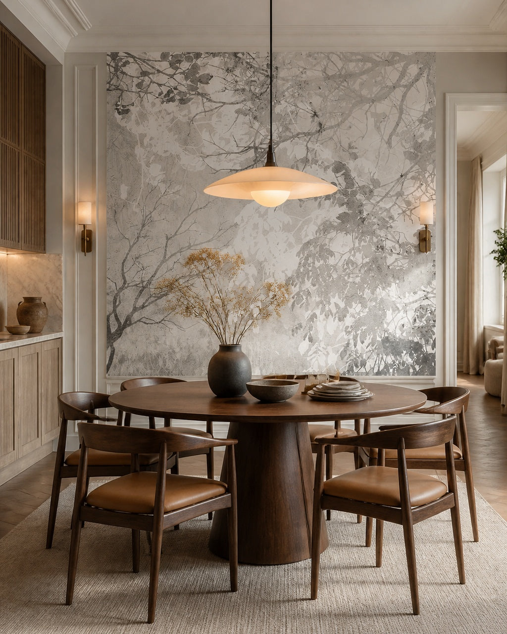 Grey leaves and branches wallpaper in a refined dining area.