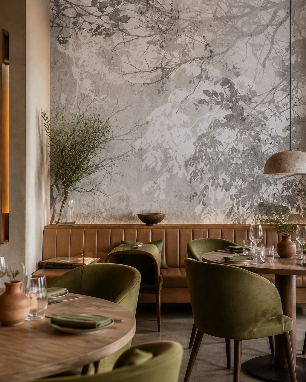 Grey leaves and branches wallpaper in a restaurant.