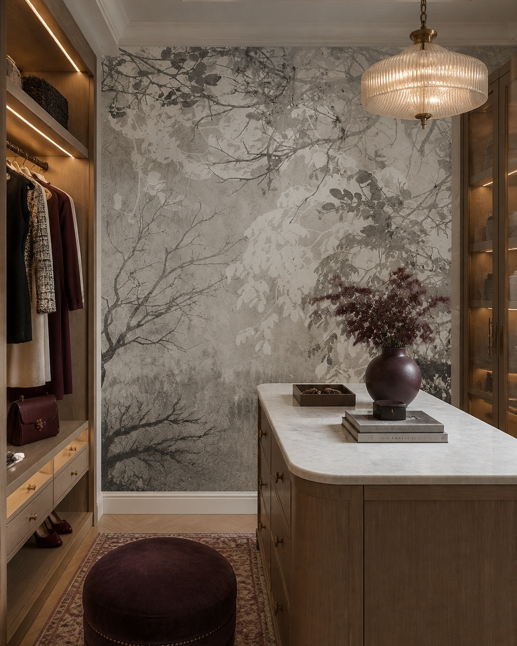 Grey leaves and branches wallpaper in a dressing room.