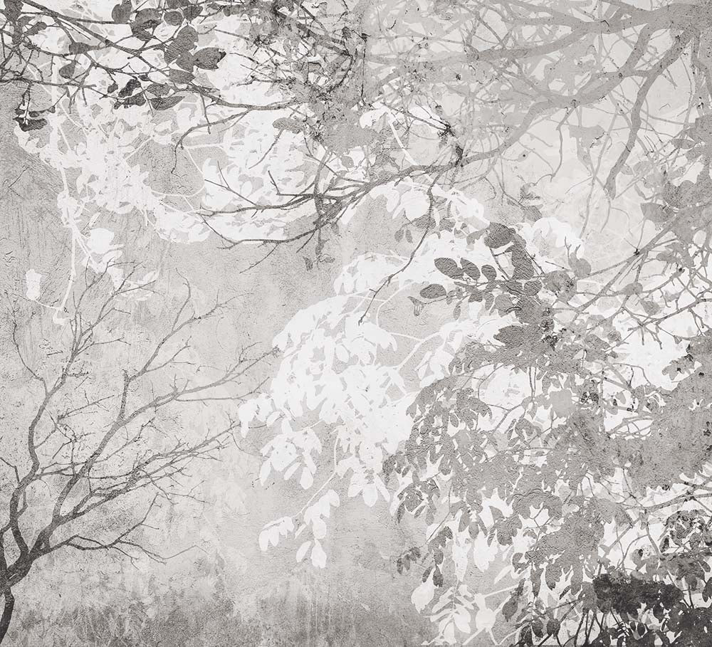 Papier peint feuilles et branches grises – Papier peint panoramique feuillage monochrome vintage