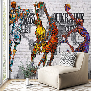 Dynamic Basketball Player Wall Mural - Vibrant Street Art on Brick with World Map Background