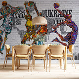 Dynamic Basketball Player Wall Mural - Vibrant Street Art on Brick with World Map Background