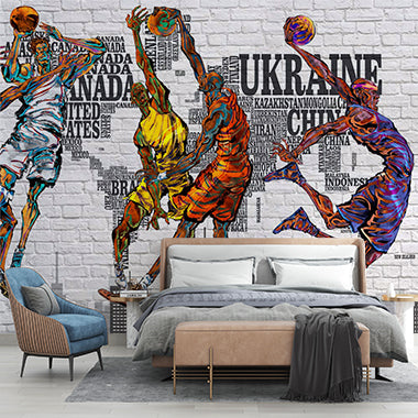 Dynamic Basketball Player Wall Mural - Vibrant Street Art on Brick with World Map Background