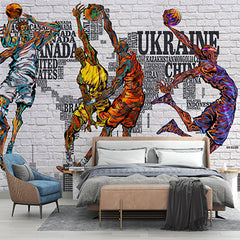 Custom Dynamic Basketball Player Wall Mural - Vibrant Street Art on Brick with World Map Background