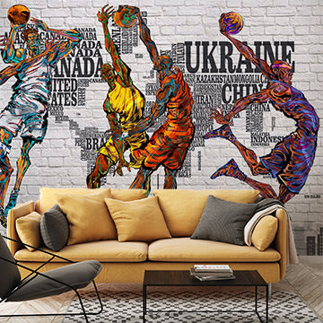 Dynamic Basketball Player Wall Mural - Vibrant Street Art on Brick with World Map Background