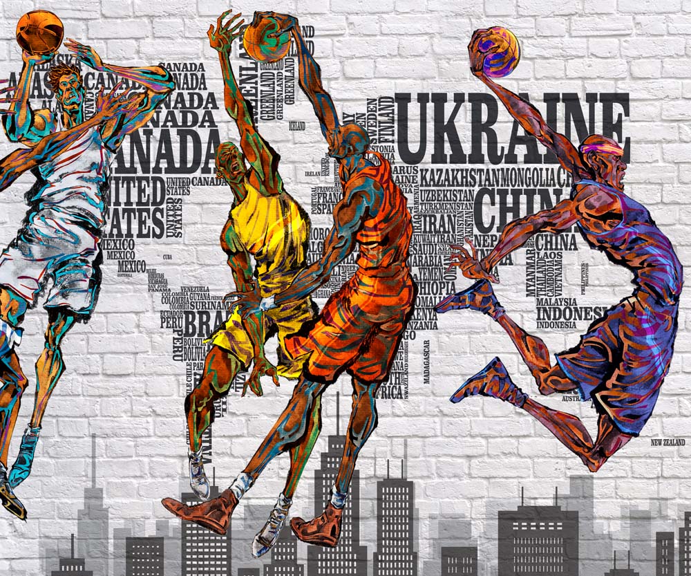 Fotobehang met basketballers – streetart op baksteen met wereldkaart