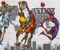 Custom Dynamic Basketball Player Wall Mural - Vibrant Street Art on Brick with World Map Background