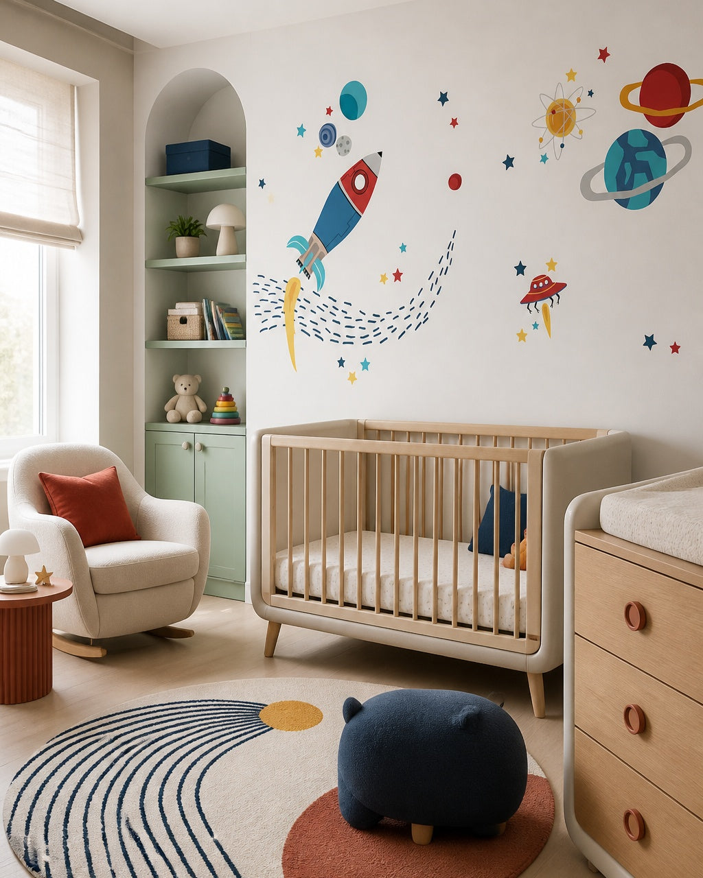Colorful rocket, planets & stars space wall mural in a modern nursery with a crib.
