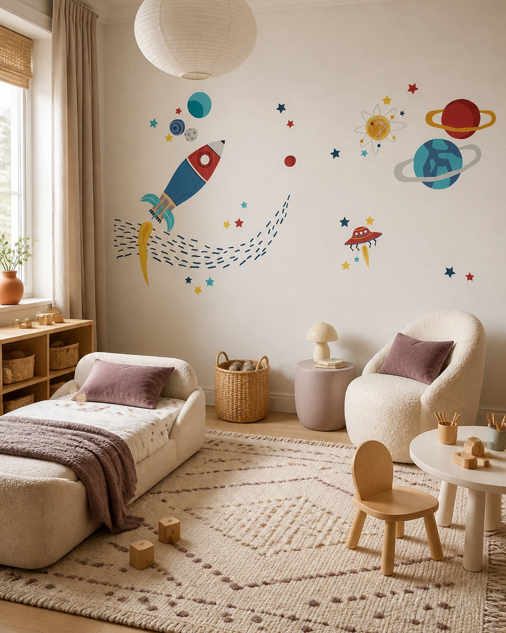 Colorful rocket, planets & stars space wall mural in a toddler bedroom with a child-sized bed.