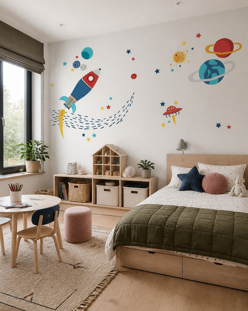 Colorful rocket, planets & stars space wall mural in a girl’s bedroom.