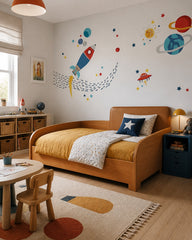 Colorful rocket, planets & stars space wall mural in a boy’s bedroom.