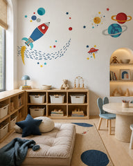 Colorful rocket, planets & stars space wall mural in a children’s playroom.