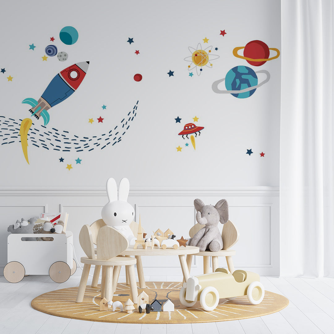 Kids Wall Murals Space Rocket Planets Simple Design Wallpaper for Kids