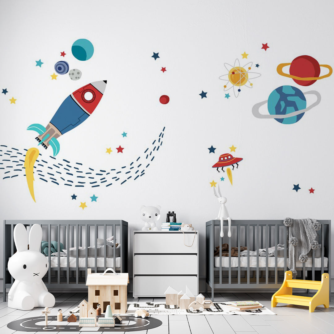 Kids Wall Murals Space Rocket Planets Simple Design Wallpaper for Kids