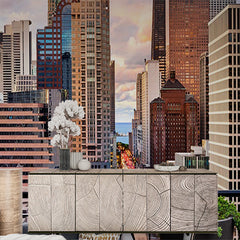 Custom Stunning Evening Cityscape Wall Mural - Urban Skyscrapers and Street Lights at Dusk