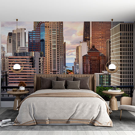 Stunning Evening Cityscape Wall Mural - Urban Skyscrapers and Street Lights at Dusk