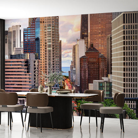 Custom Stunning Evening Cityscape Wall Mural - Urban Skyscrapers and Street Lights at Dusk