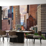 Stunning Evening Cityscape Wall Mural - Urban Skyscrapers and Street Lights at Dusk