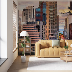 Custom Stunning Evening Cityscape Wall Mural - Urban Skyscrapers and Street Lights at Dusk