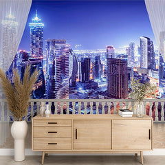 Custom Elegant Balcony View Wall Mural - Futuristic Night Cityscape with Skyscrapers and Lights