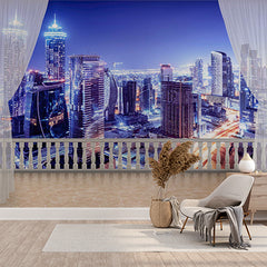 Custom Elegant Balcony View Wall Mural - Futuristic Night Cityscape with Skyscrapers and Lights