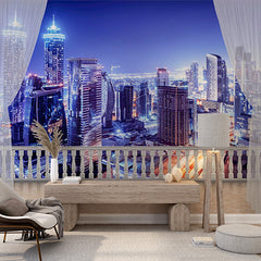 Custom Elegant Balcony View Wall Mural - Futuristic Night Cityscape with Skyscrapers and Lights