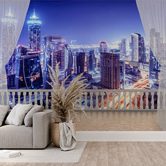 Custom Elegant Balcony View Wall Mural - Futuristic Night Cityscape with Skyscrapers and Lights