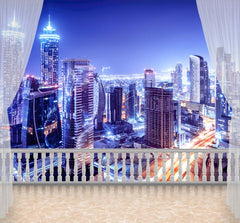 Custom Elegant Balcony View Wall Mural - Futuristic Night Cityscape with Skyscrapers and Lights