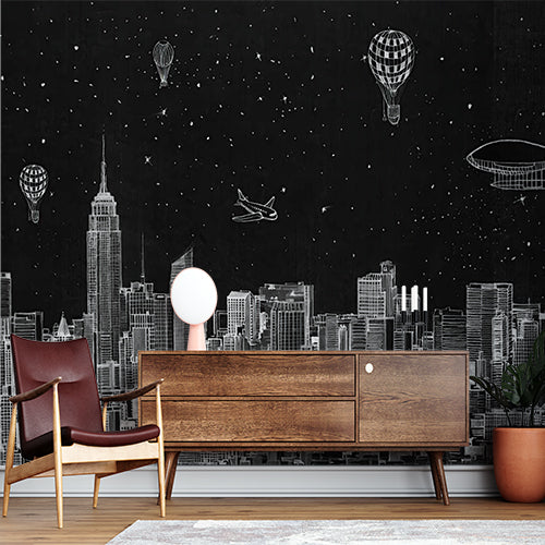 Whimsical Night Skyline Wall Mural - Black and White Cityscape with Floating Balloons and Airships