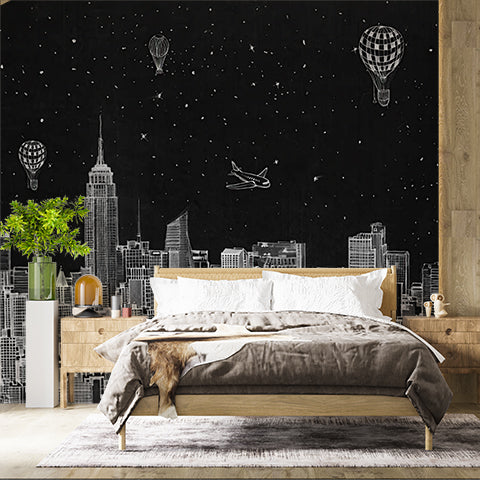 Whimsical Night Skyline Wall Mural - Black and White Cityscape with Floating Balloons and Airships