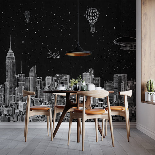 Whimsical Night Skyline Wall Mural - Black and White Cityscape with Floating Balloons and Airships