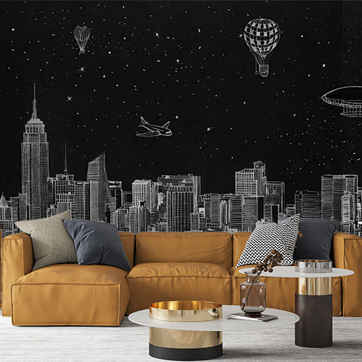 Whimsical Night Skyline Wall Mural - Black and White Cityscape with Floating Balloons and Airships