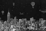 Whimsical Night Skyline Wall Mural - Black and White Cityscape with Floating Balloons and Airships