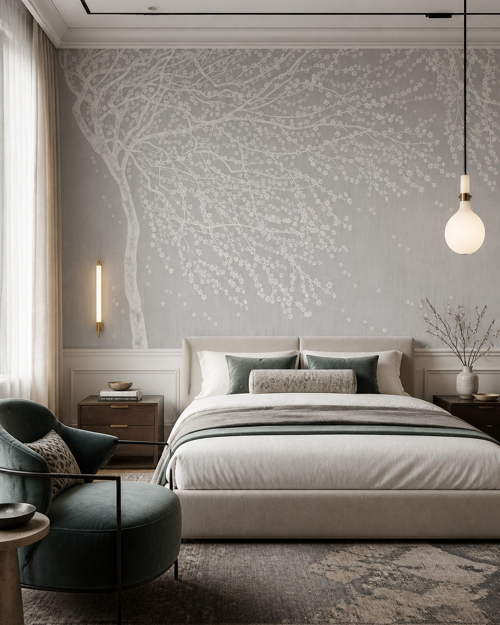 White blossom tree wallpaper in a designer bedroom.