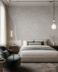 White blossom tree wallpaper in a designer bedroom.