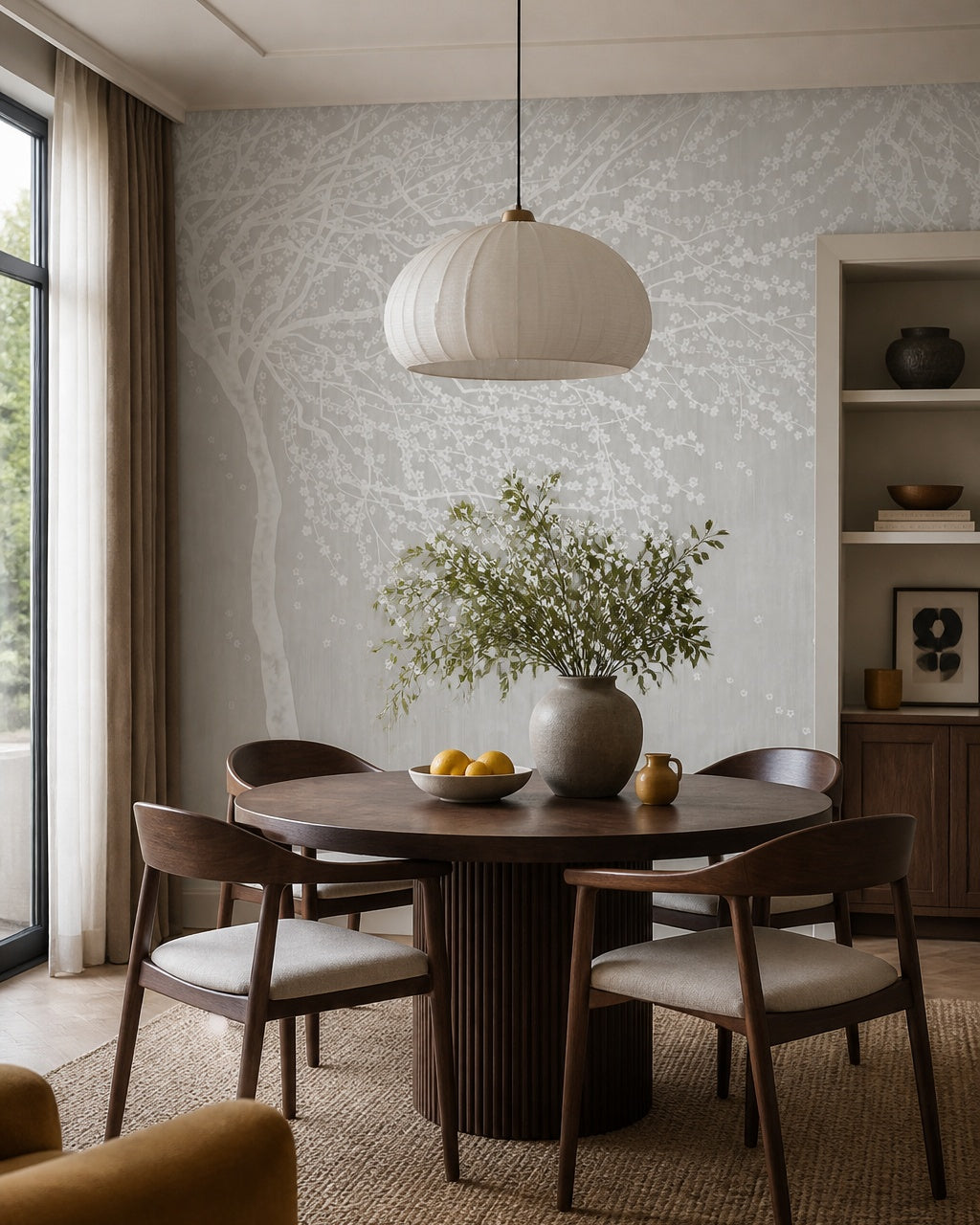 White blossom tree wallpaper in a refined dining area.